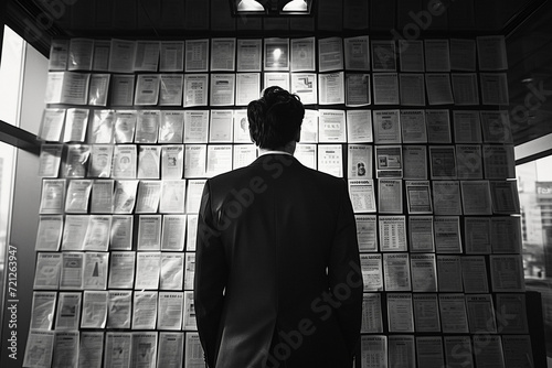 a man in a suit stands in front of a bulletin business financial planning board