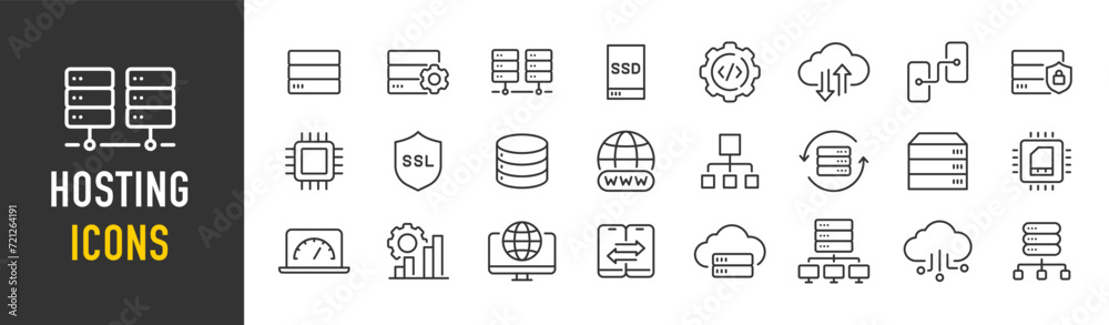 WebHosting web icons in line style. Backup, hosting, transfert, domain, data, cloud service, website. Vector illustration.