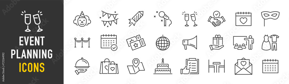 Event planning web icons in line style. Holiday, event, party, celebration, entertainment. Vector illustration. - obrazy, fototapety, plakaty 