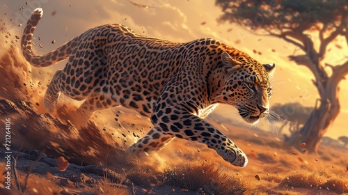 A leopard is running and jumping in the African savannah background