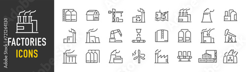 Factories web icons in line style. Production, technology, factory, industry power, manufacture. Vector illustration.