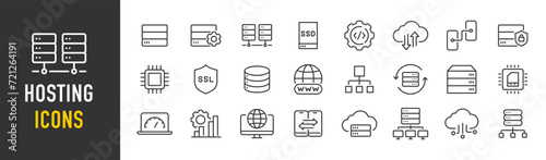 WebHosting web icons in line style. Backup, hosting, transfert, domain, data, cloud service, website. Vector illustration.