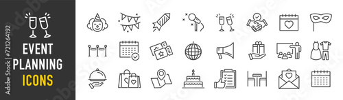Event planning web icons in line style. Holiday, event, party, celebration, entertainment. Vector illustration.