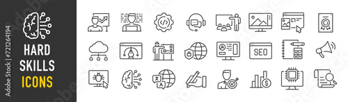Hard skills web icons in line style. Accounting, coaching, data mining, cloud computing, copywriting, career progress, software, cyber security, artificial intelligence. Vector illustration. photo