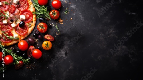 Top view of Italian pizza and pizza ingredients: Cherry tomatoes, olives, herbs and spices on a black concrete background with a copy space.