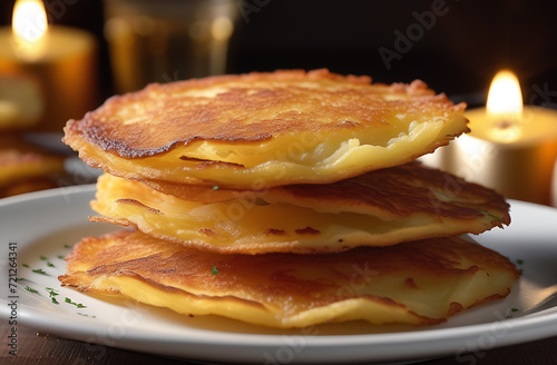 Close up potato pancakes. Potatoes pancakes latkes, flapjacks, hash brown or potato vada photo