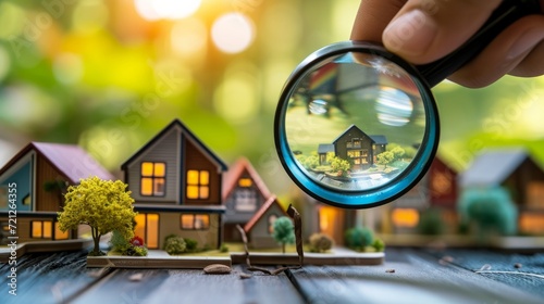 Magnifying glass and house models, real-estate photo