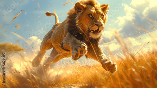 A lion is running and jumping in the African savannah background