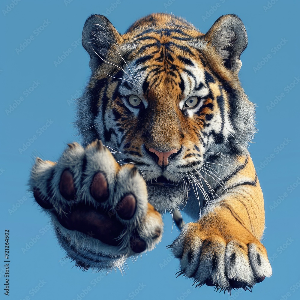 Obraz premium Tiger is running and jumping in solid blue background