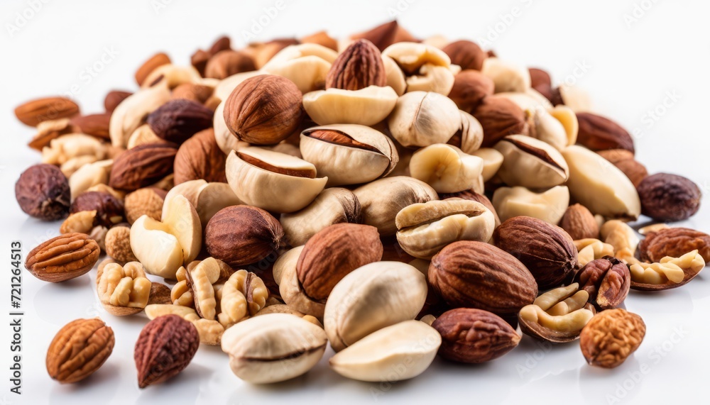 A pile of nuts, including almonds and walnuts, on a white background