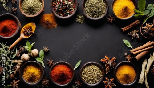 A variety of spices in bowls on a table