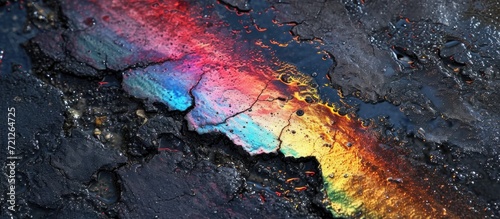 Colorful gas stain on wet asphalt creating an abstract rainbow effect, serving as a textured background due to a vehicle leak.