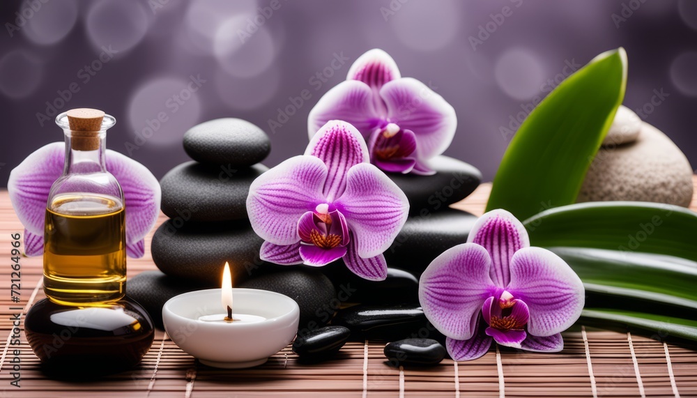 A wooden table with a candle, rocks, and flowers A wooden table with a candle, rocks, and flowers