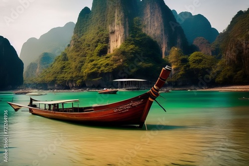 Thai traditional wooden longtail boat and beautiful sand Railay Beach in Krabi province. Ao Nang, Thailand. © Beniamin