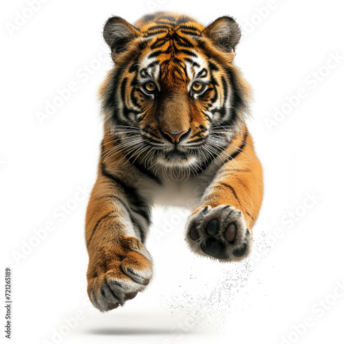 Tiger is running and jumping in solid white background