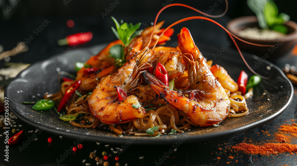 Fried spicy shrimp with vegetables Chinese noodles and spices on a black ceramic plate. Asian cuisine, homemade food. Restaurant. Fried spicy shrimp with vegetables Chinese noodles and spices on a black ceramic plate. Asian cuisine, homemade food. Restaurant.