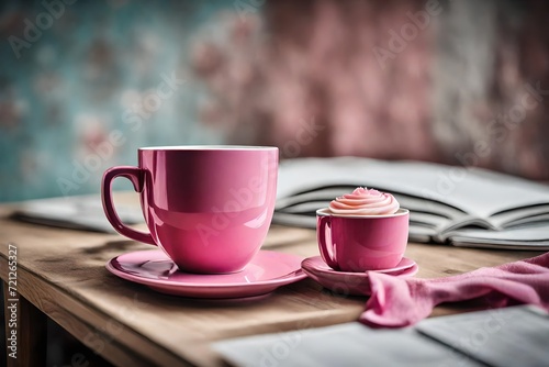 pink red green and blue small tea cup shinning in the room placed on the luxurious table abstract background 