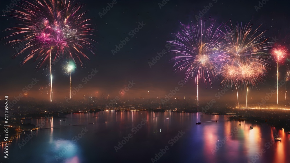 City night landscape with fireworks all around the sky above a lake. AI Generated