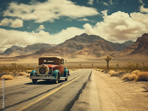 American desert road in wild west with vintage car 