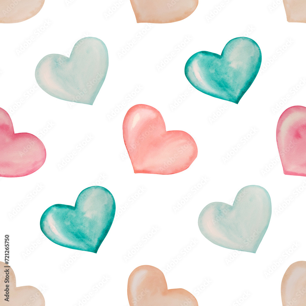 Watercolor seamless colored pattern hearts, Valentine's day, love, hand painted on paper, white background, for design, packaging, invitation, backgrounds, postcards, wrapping paper, scrapbooking