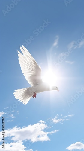 A dove and an open bible in a blue sky floating