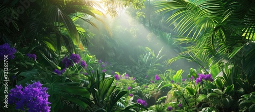 The green and purple flowers are stunning  surrounded by lush greenery with the sun shining above.