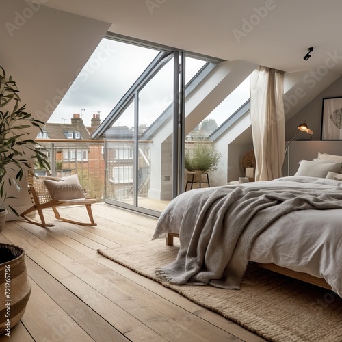A large loft conversion in a london terrace house. there's a pitched roof on one side and a box dormer to the rear. The dormer has a juliette balcony and large window.