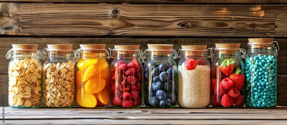 Jars lined up with cereal, sugar, and fruit.