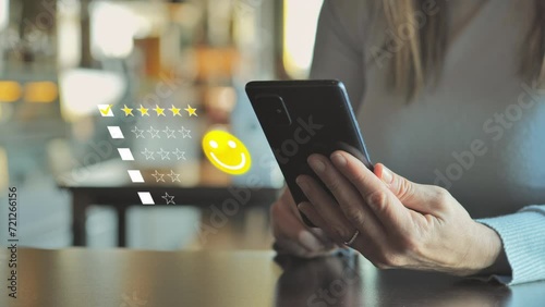 Satisfied customer sitting at the coffee shop gives positive rating feedback on smartphone application,female sits at the bar giving five stars review smart phone app,graphic animation photo