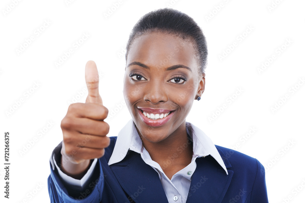 Thumbs up, portrait and black woman with agreement in business with happiness in white background. African, entrepreneur and show thank you sign with hand for approval and emoji for like and yes Thumbs up, portrait and black woman with agreement in business with happiness in white background. African, entrepreneur and show thank you sign with hand for approval and emoji for like and yes