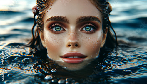 portrait of a woman in water, mermaid coming out of the water photo