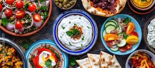 Turkish and Greek meze with cold appetizers, colorful plates, yogurt, and boiled herbs.