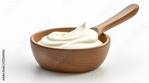 Sour cream in wooden bowl and spoon  mayonnaise  