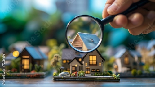 Magnifying glass and house models, real-estate