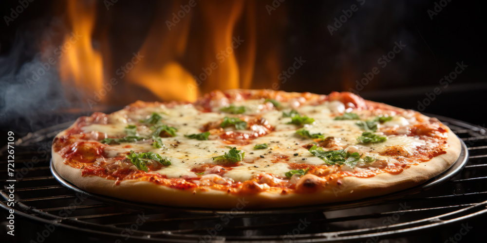 Fiery Cheese Delight: A Traditional Italian Pizza Blazing in a Brick Oven, Unleashing Tasty Flames and Gourmet Aromas