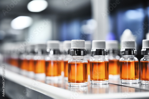 Row of amber medical vials in focus on production line.