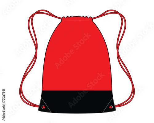 Red-black drawstring bag with design on a white background, vector file.