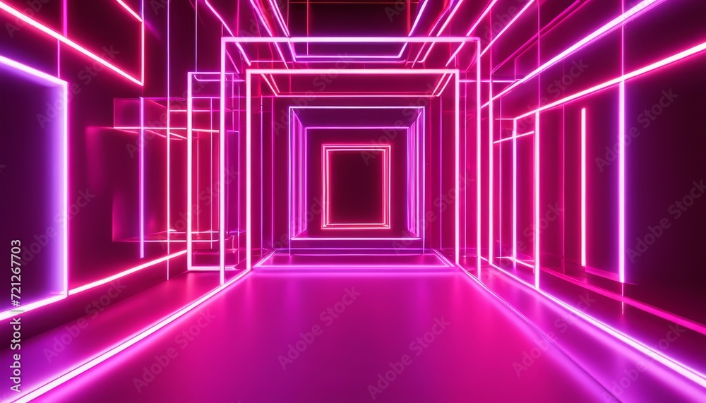 A long hallway with pink walls and neon lights