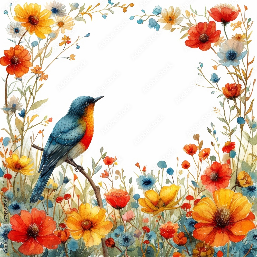 Watercolor Painting of Vibrant Flower Field and Kiwi Bird Generative AI