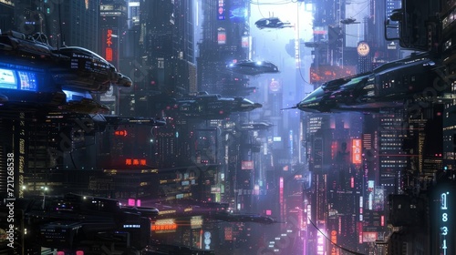 Design a futuristic cyberpunk cityscape with towering neon skyscrapers, bustling flying vehicles, and gritty alleyways that evoke a sense of a dystopian metropolis