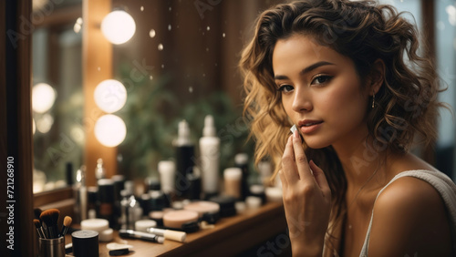 Young woman is putting on makeup. closeup face