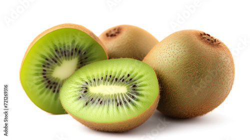 Composition of whole and sliced kiwis on a clean white background