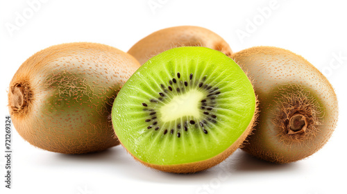 A delightful display of kiwis, with one sliced open, set against a crisp white background
