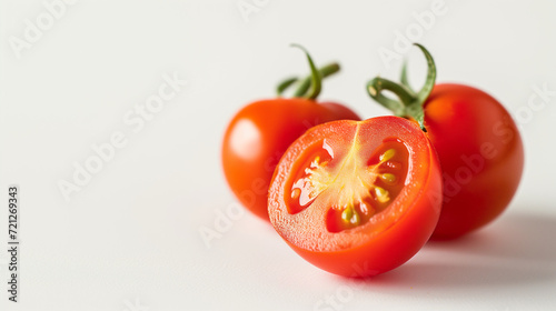 A delightful ensemble of tomatoes, showcasing both whole and perfectly sliced specimens, set against a pristine white canvas