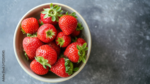 Top view of a bowl brimming with succulent strawberries on a pristine marble background