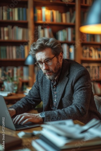A man is using a laptop in a library.