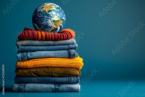 Stack of clothes and planet earth sustainable fashion concept, conscious lifestyle photo