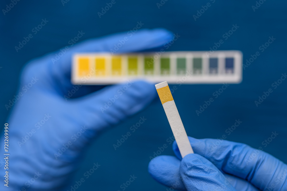 Trzymany w dłoni papierek lakmusowy do badania pH wskazujący na zakwaszenie organizmu - obrazy, fototapety, plakaty 