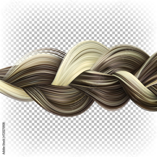 Braid of hair. Dyed vector hair braided into a hairstyle. 3d realistic illustration isolated on transparent background. Beautiful coloring texture.