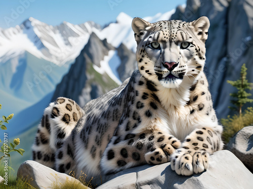 A snow leopard lies against the backdrop of high mountains. Close-up.